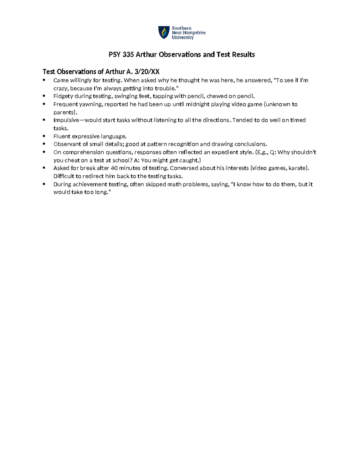 PSY 335 Arthur's Evaluation: Observations & WIAT-II Test Results - Studocu