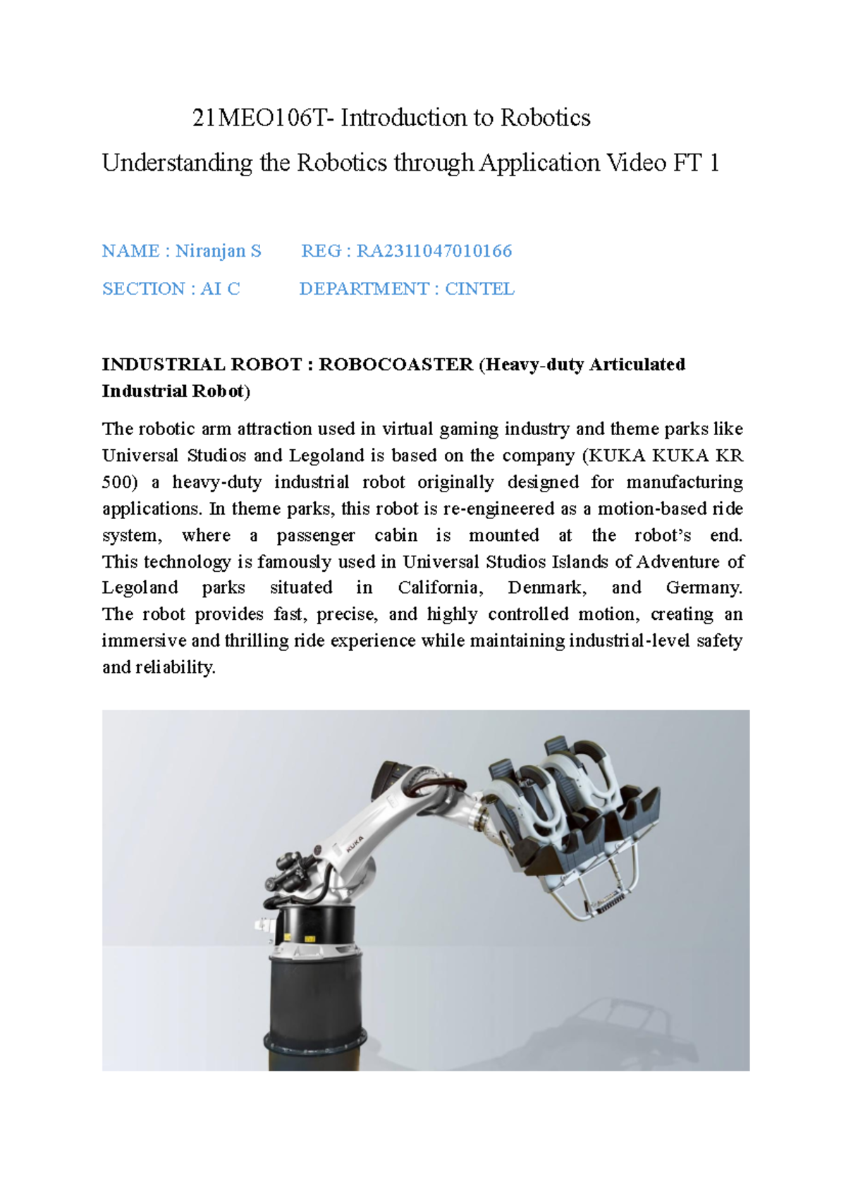 RA2311047010166 - Introduction to Robotics: RoboCoaster Analysis - Studocu
