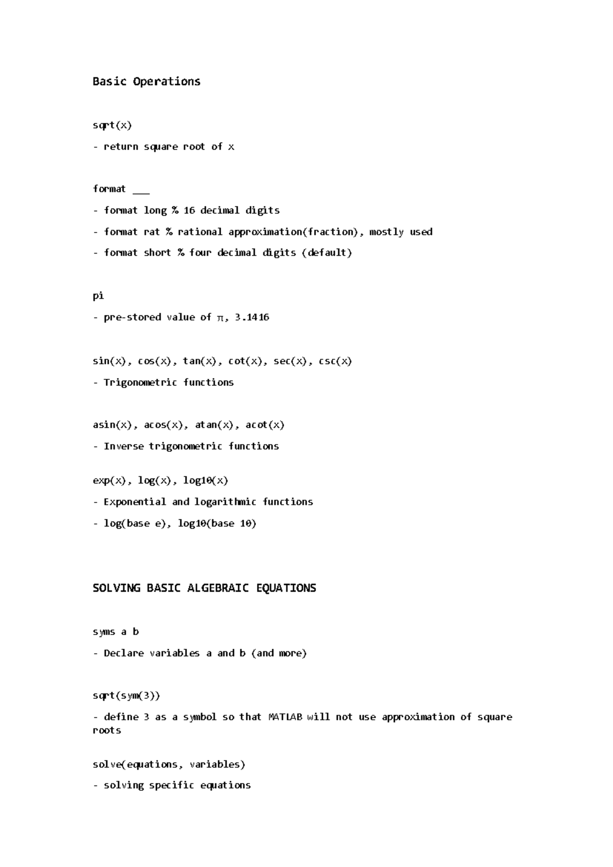 Mat Lab Cheatsheet V 1 - Frequently used matlab codes - Basic ...