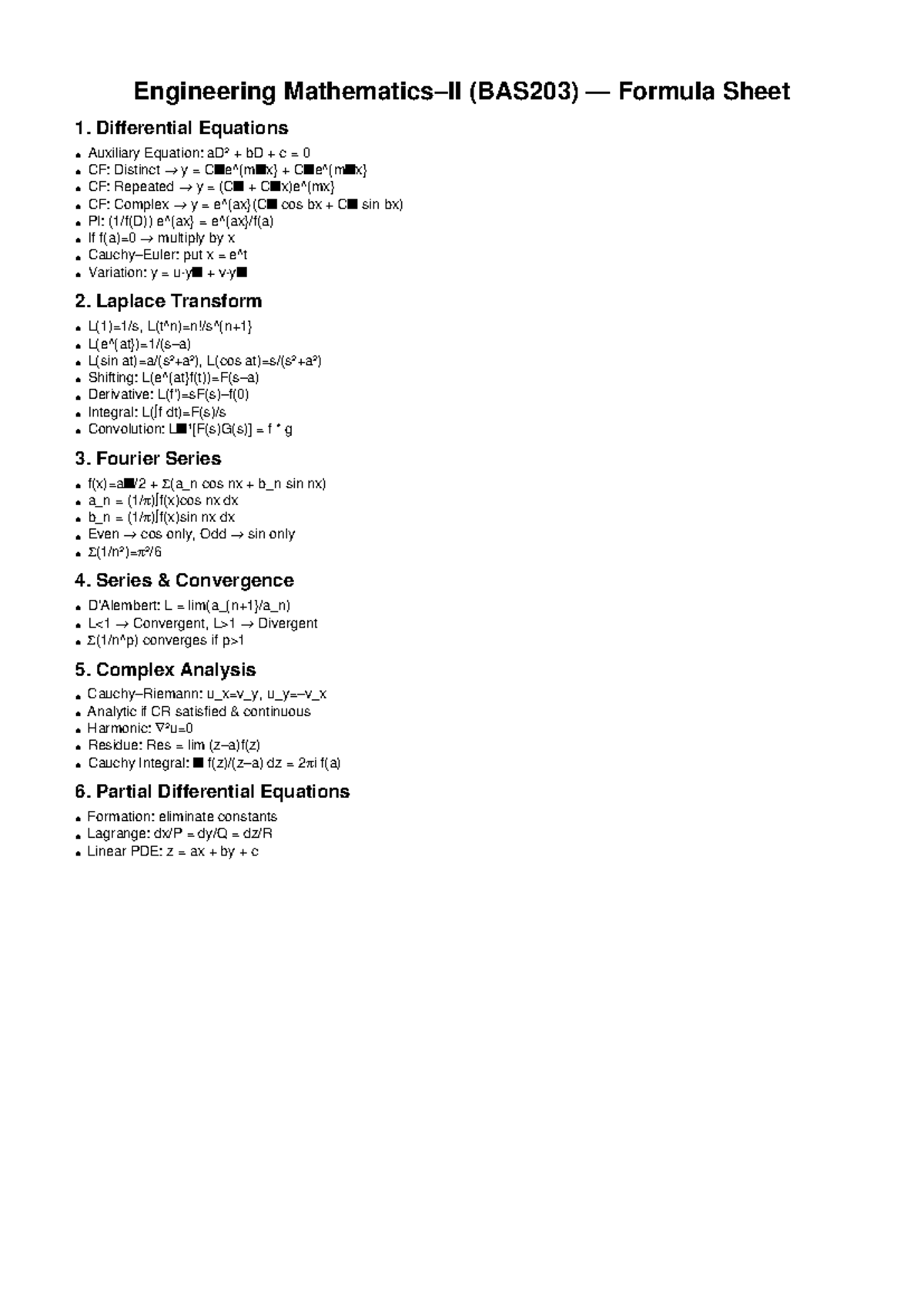 Engineering (BAS203) Maths II Formula Sheet: Key Concepts & Equations ...