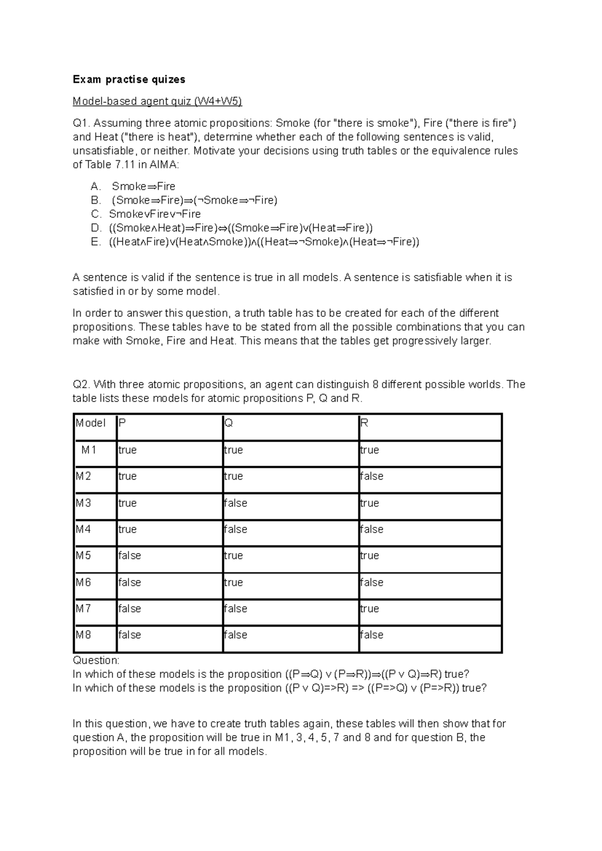 Exam Practice Quizzes (W4+W5): Truth Tables & Model Analysis - Studeersnel