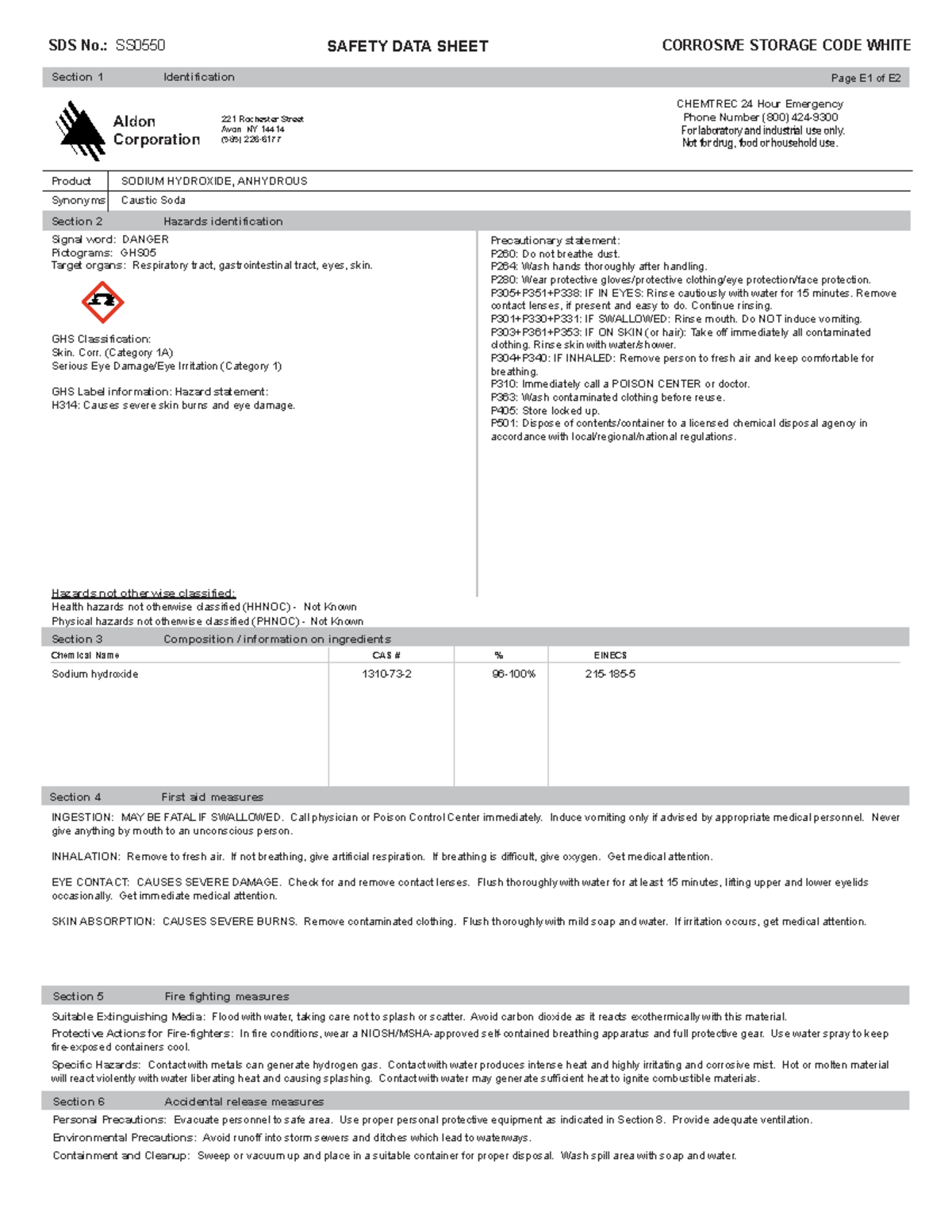 SDS No. SS0550: Sodium Hydroxide Safety Data Sheet - Studocu