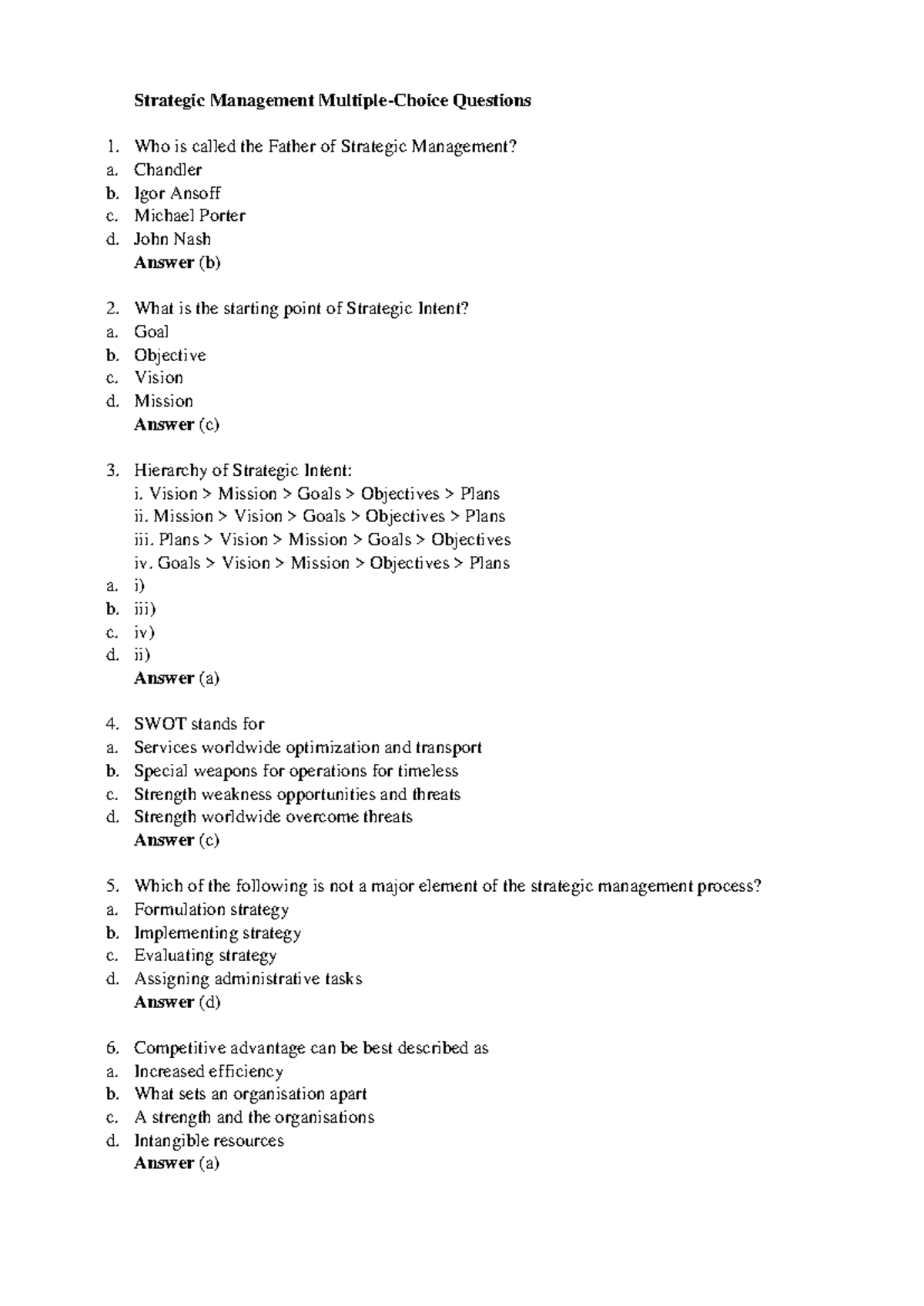 Strategic Management MCQs: Study Guide for Final Exam (Course SM101 ...