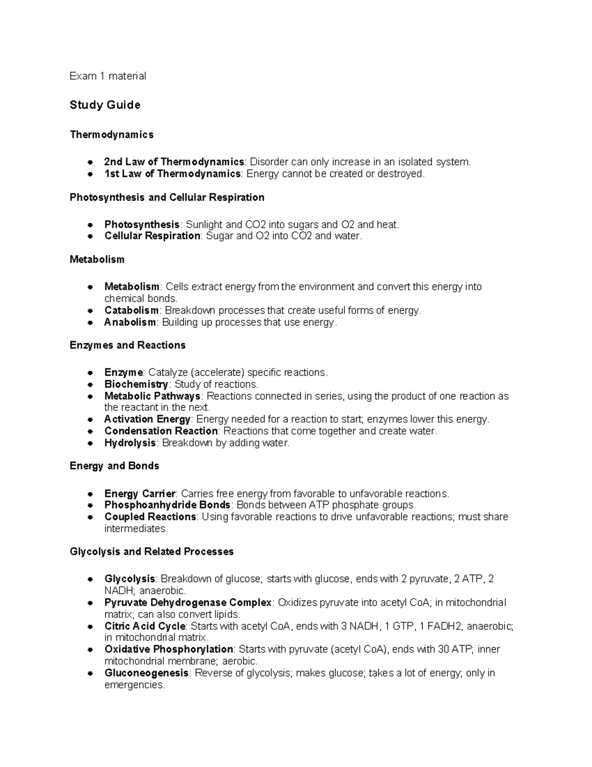 Biology Final Exam review - Exam 1 material Study Guide Thermodynamics ...