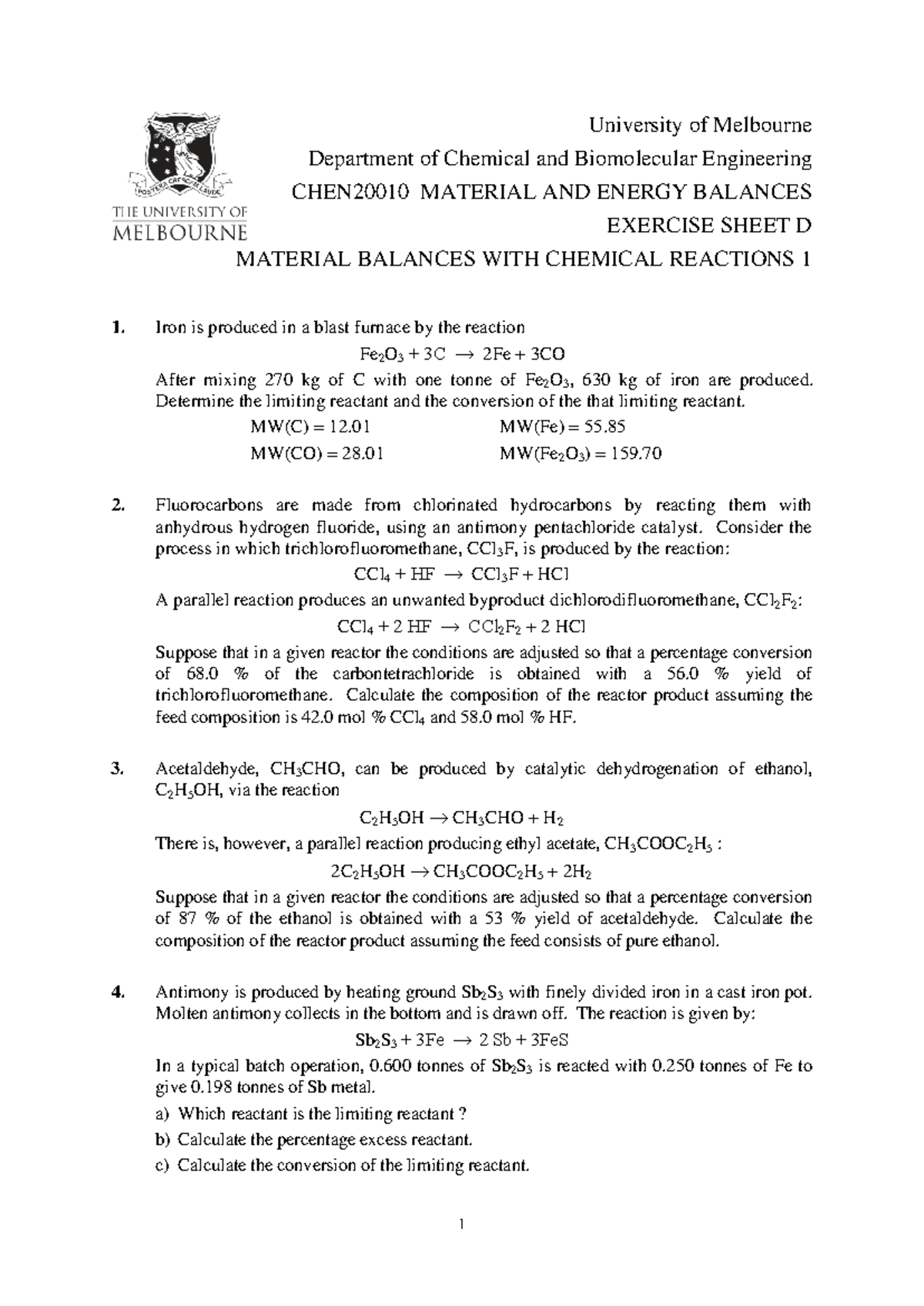 Material and Energy Balance Exercises D - CHEN20010 - Studocu