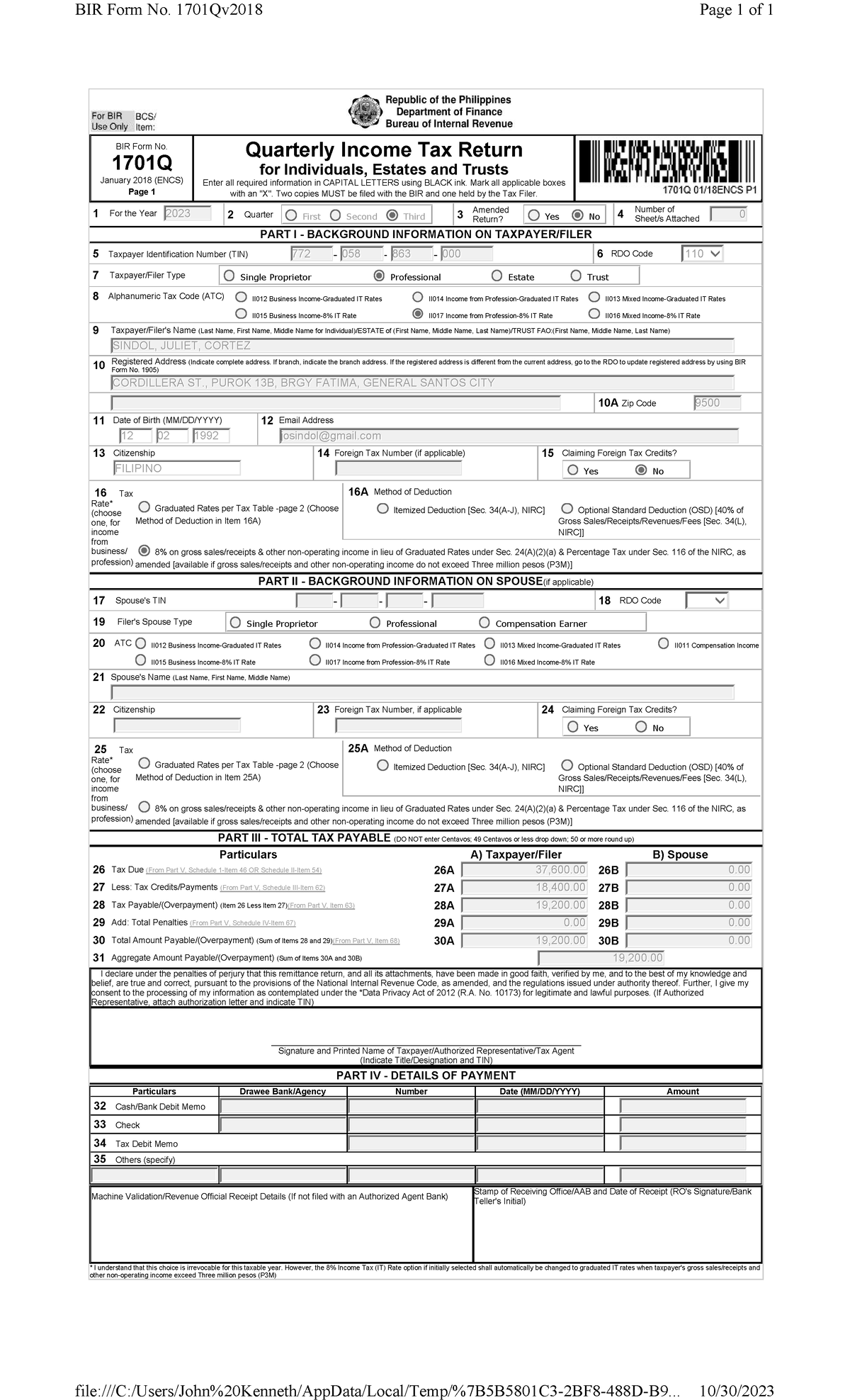 2023 Q3 - BIR Form No. 1701Q Quarterly Income Tax Return Notes - Studocu