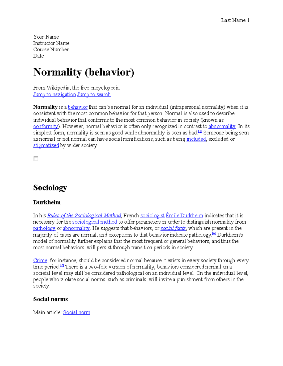 Normal and abnormal behavior - Your Name Instructor Name Course Number ...