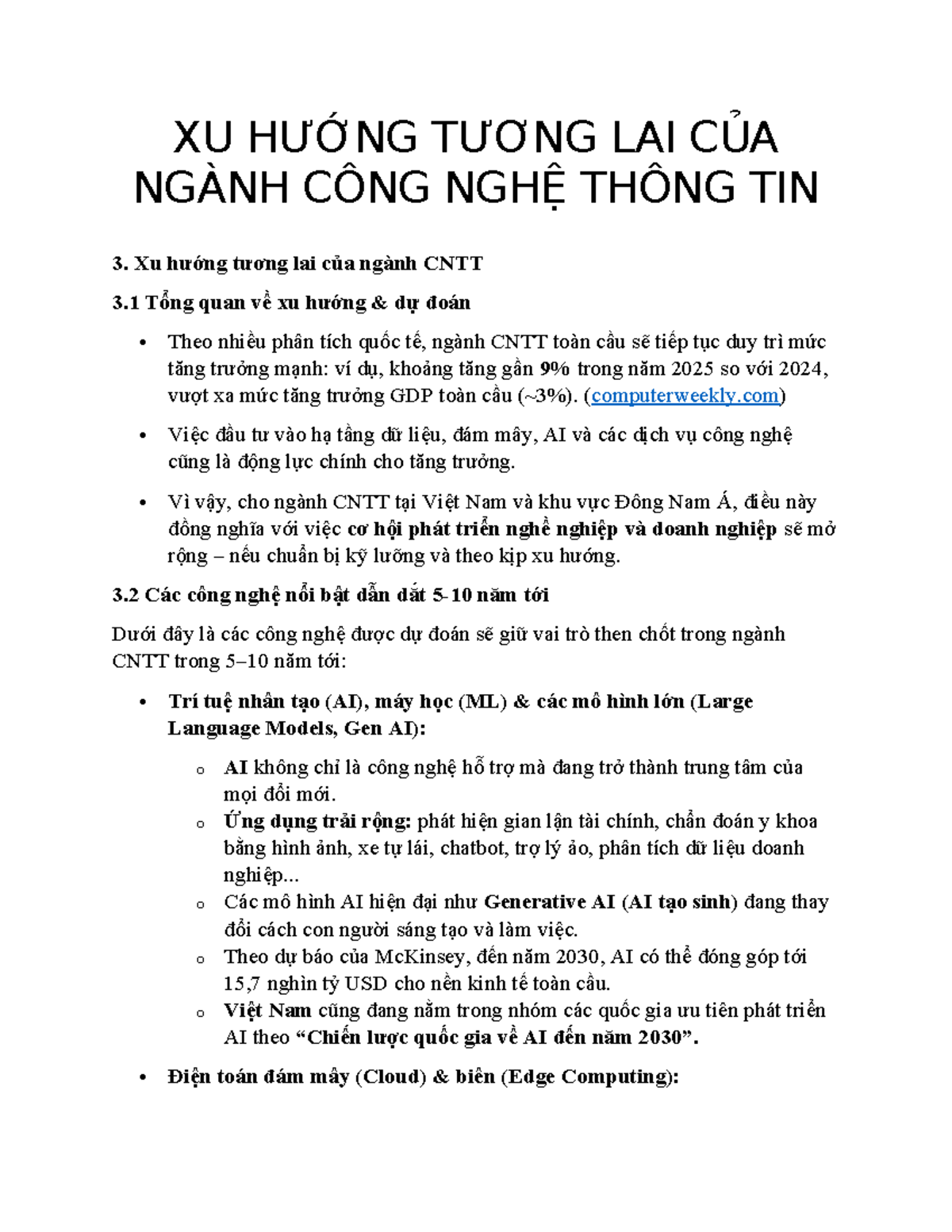 XU HƯỚNG TƯƠNG LAI CỦA NGÀNH CNTT: Dự Đoán và Công Nghệ Mới - Studocu