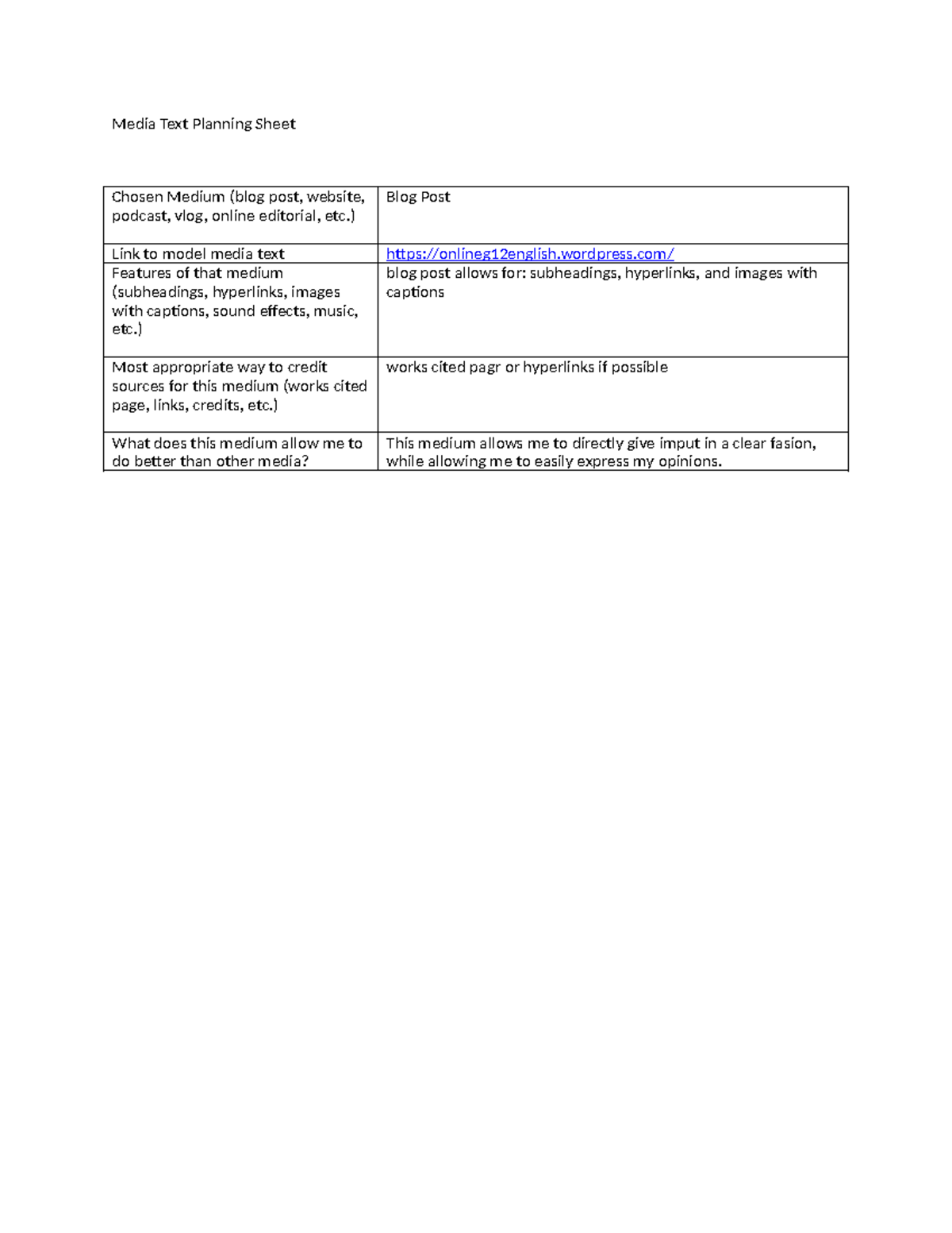 Media Text Planning Sheet - Media Text Planning Sheet Chosen Medium ...
