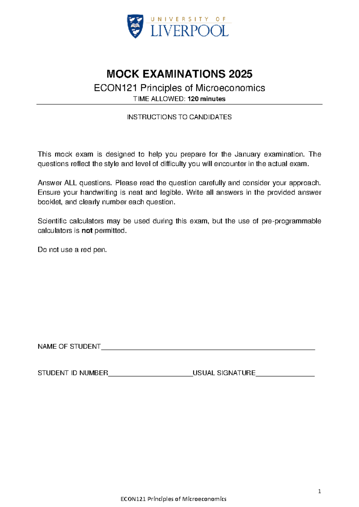 ECON121 Mock Exam - Principles of Microeconomics Preparation 2025 - Studocu