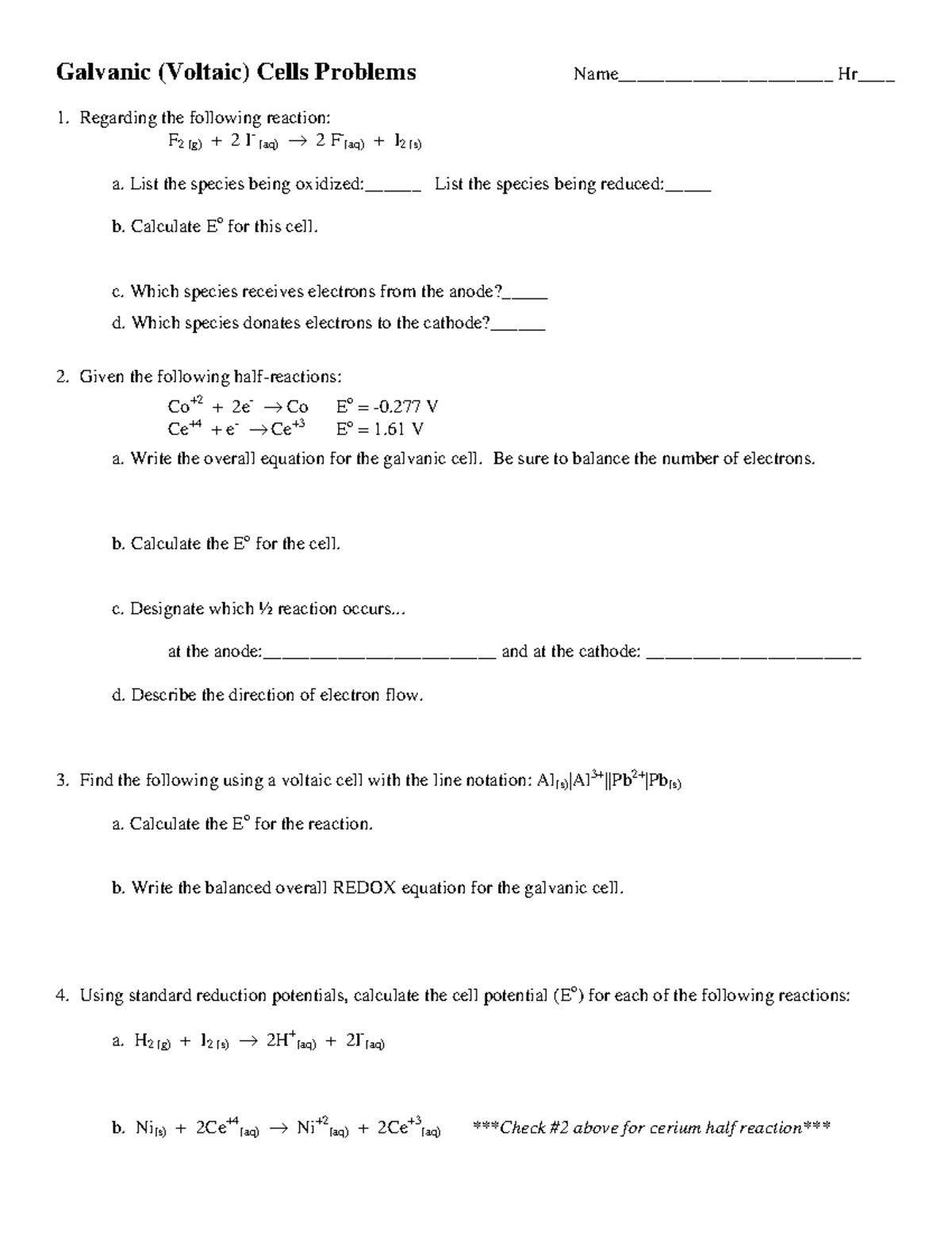 Module 3: Galvanic Cells Practice Questions and Problems - Studocu