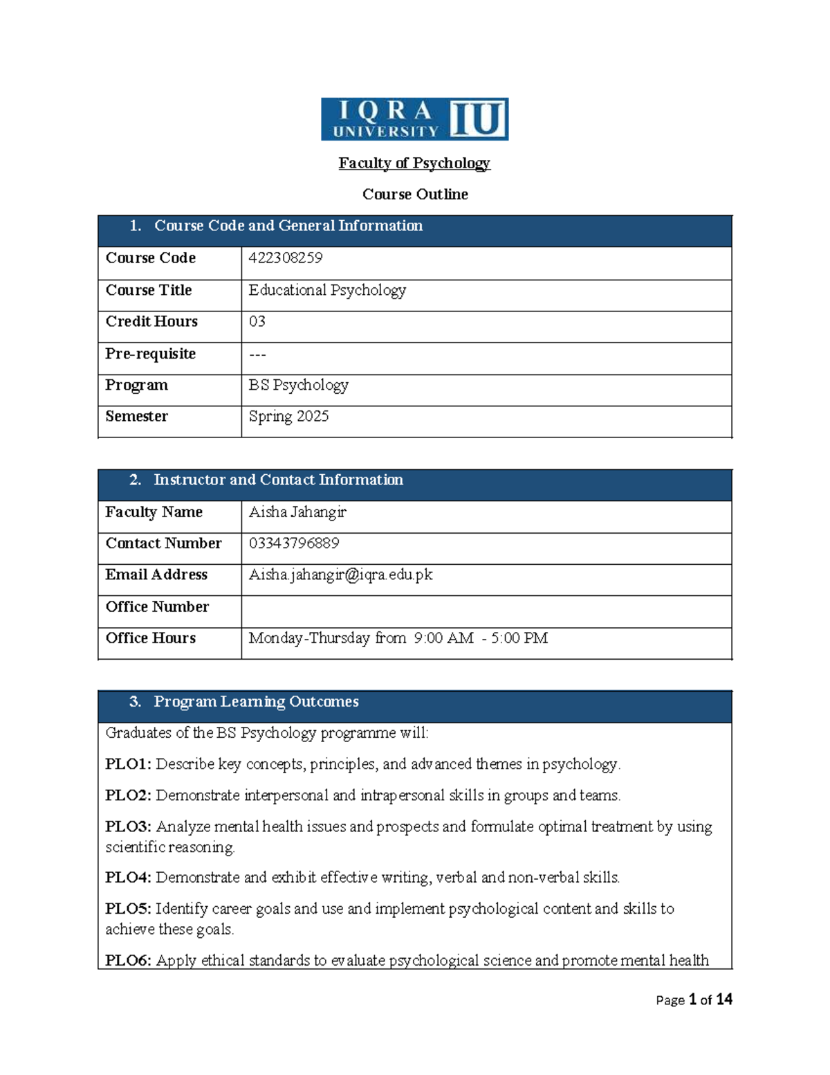 Educational Psychology Course Outline (422308259) - Spring 2025 - Studocu