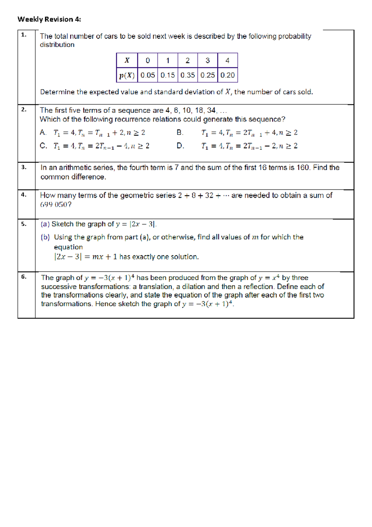 Weekly Revision 4: Probability, Sequences, and Series Analysis - Studocu