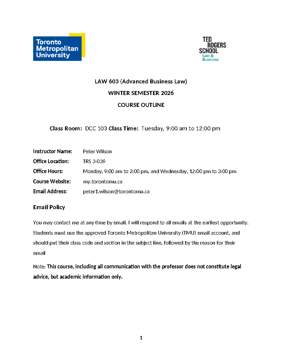 LAW 603 Advanced Business Law Course Outline - Winter 2026 - Studocu
