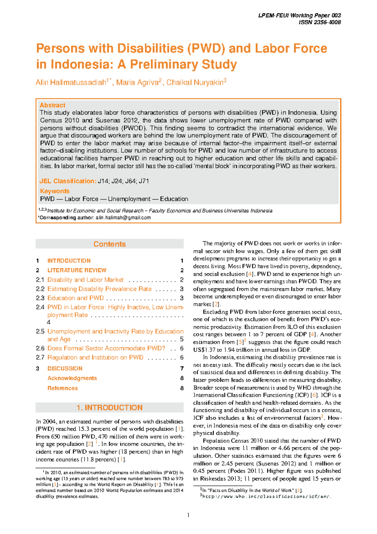 PWD Labor Force Dynamics in Indonesia: A Preliminary Study (WP003 ...
