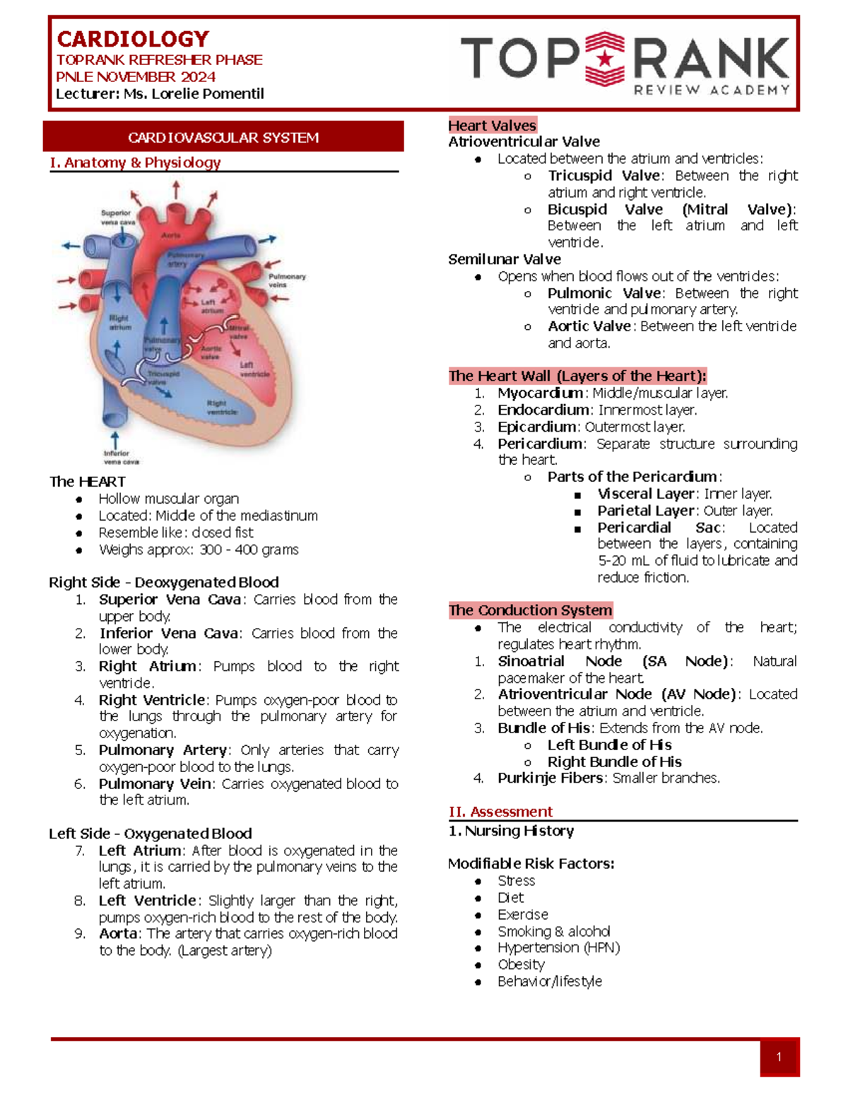 CARDIOLOGY REFRESHER PHASE PNLE NOV 2024 - Ms. Lorelie Pomentil - Document Preview
