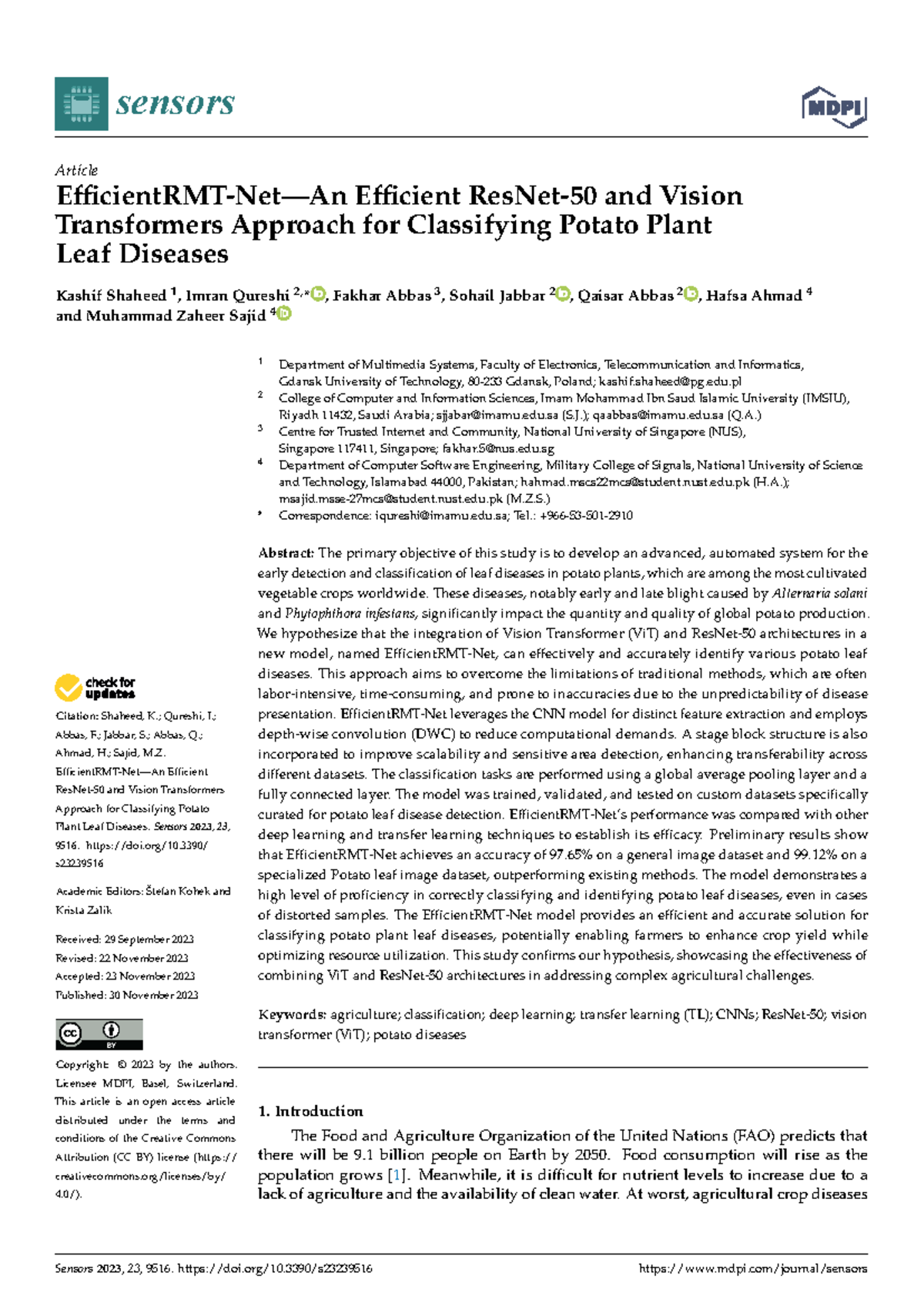 Sensors 23 09516 1 - Paper - Citation: Shaheed, K.; Qureshi, I.; Abbas ...