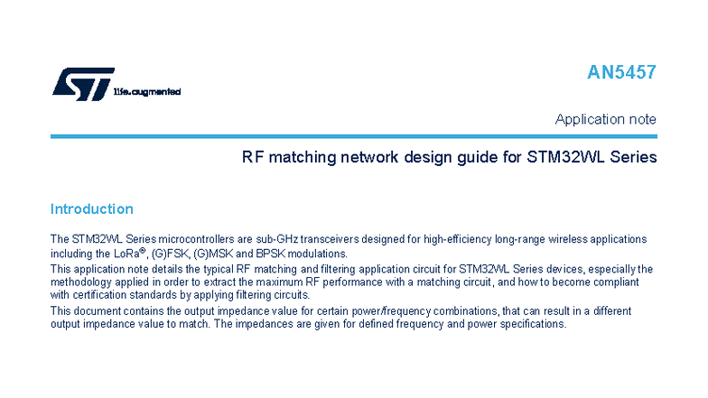 AN5457 RF Matching Network Design Guide for STM32WL Series - Studocu