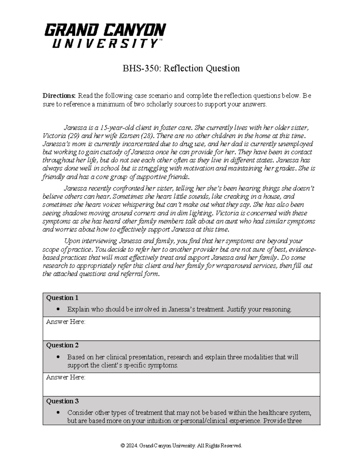 BHS-350: Reflection Questions on Janessa's Case Scenario - Studocu
