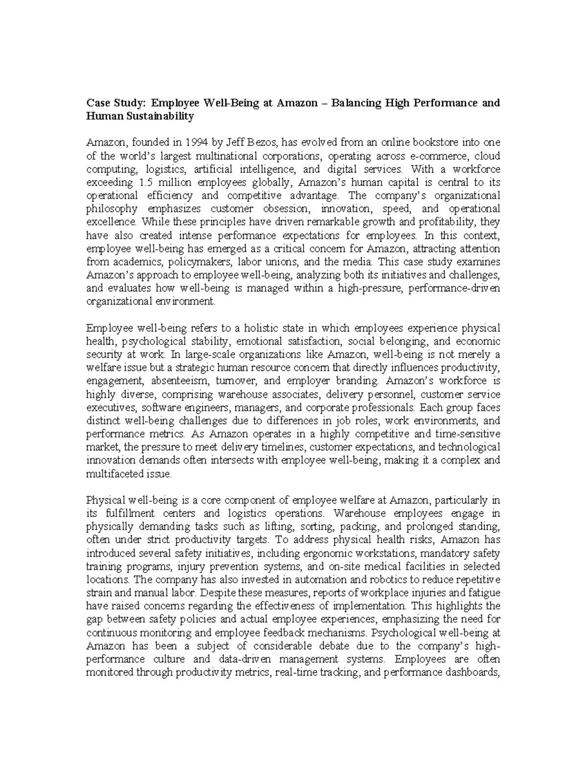 Case Study: Amazon Employee Wellbeing & Performance Challenges - Studocu