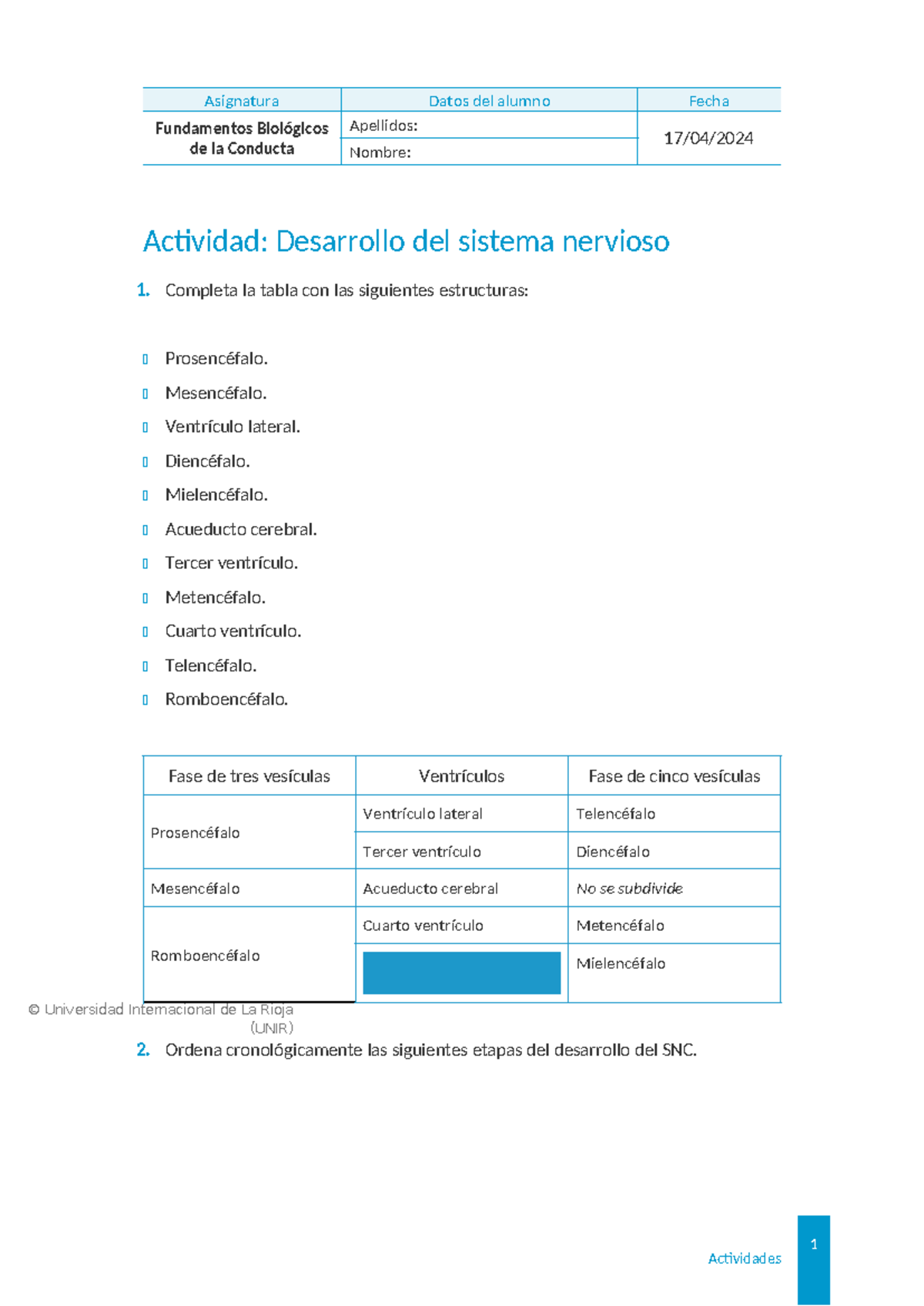 Desarrollo del Sistema Nervioso - Fundamentos Biológicos UNIR - Document Preview