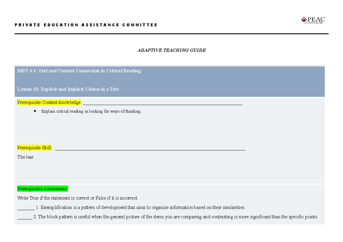 4th Quarter - ATG - Lesson Plans for Critical Reading Skills - Studocu