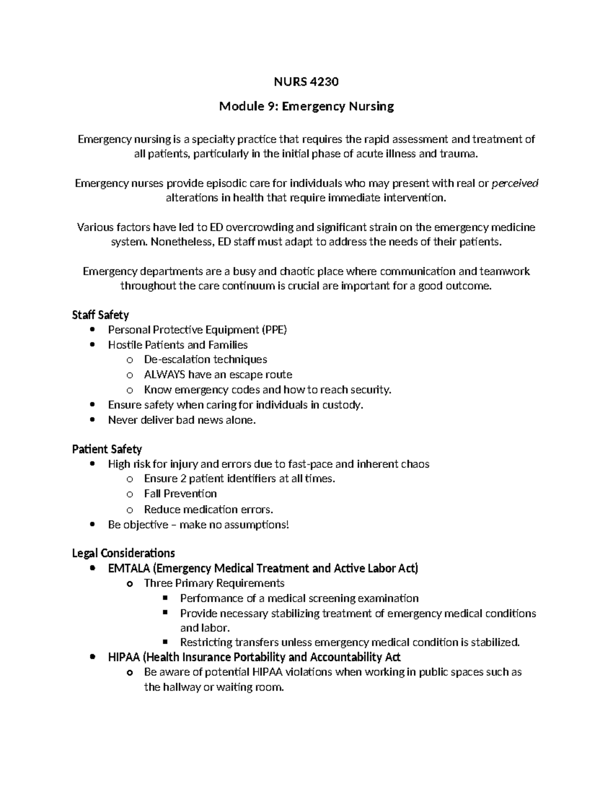 NURS 4230 Module 9: Key Concepts in Emergency Nursing Practice - Studocu