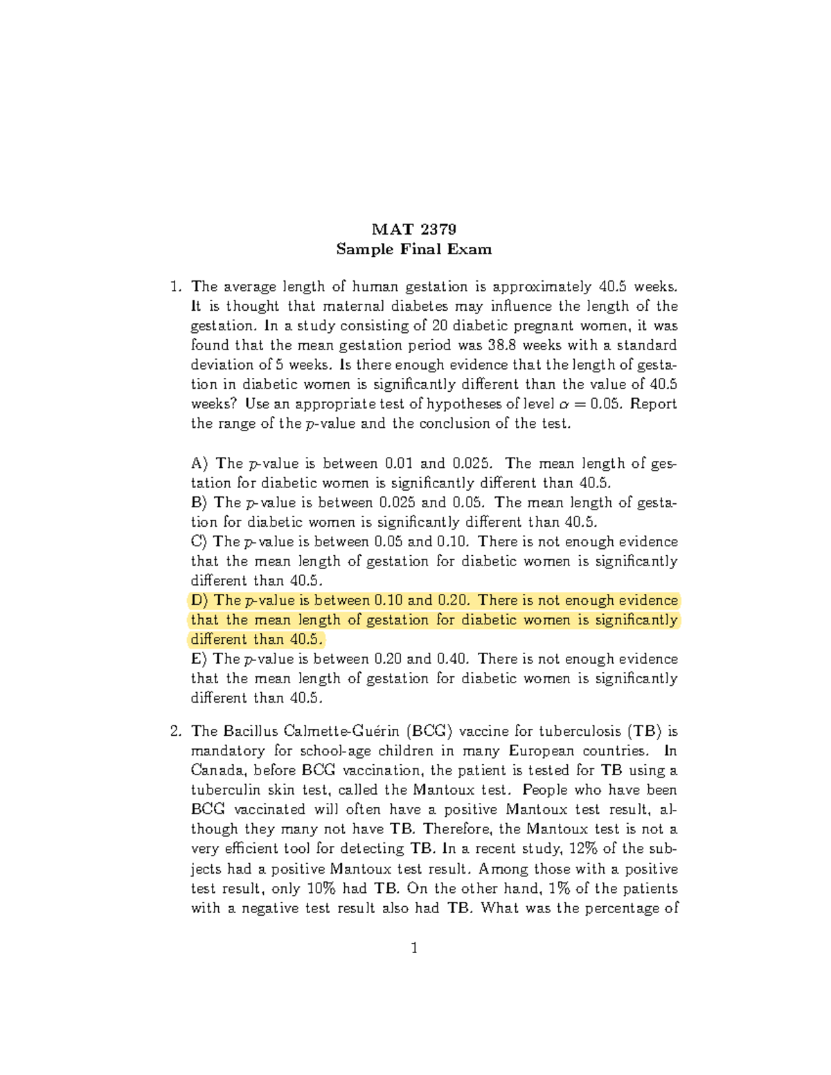 2379-sample-final - MAT2379 Biostatistics Practice Final Exam with ...