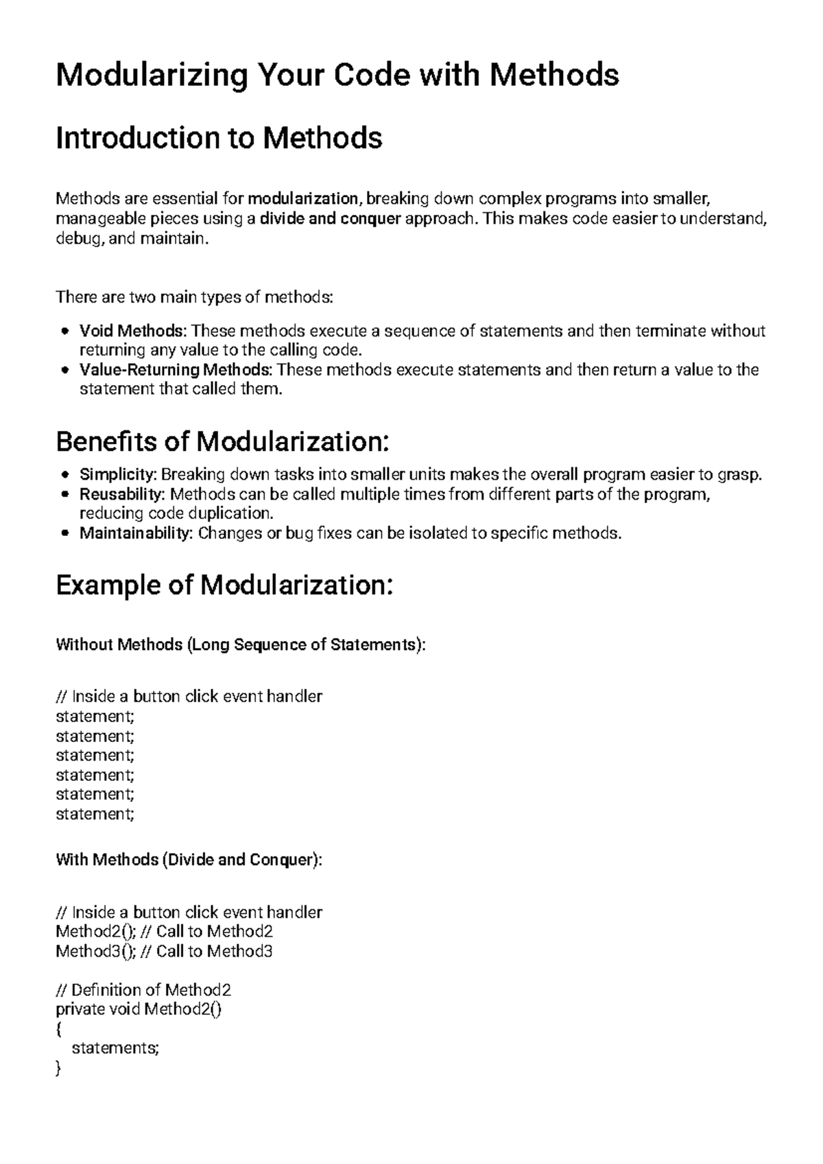 Chapter 6 - Study Guide: Modularizing Code with Methods - Studocu