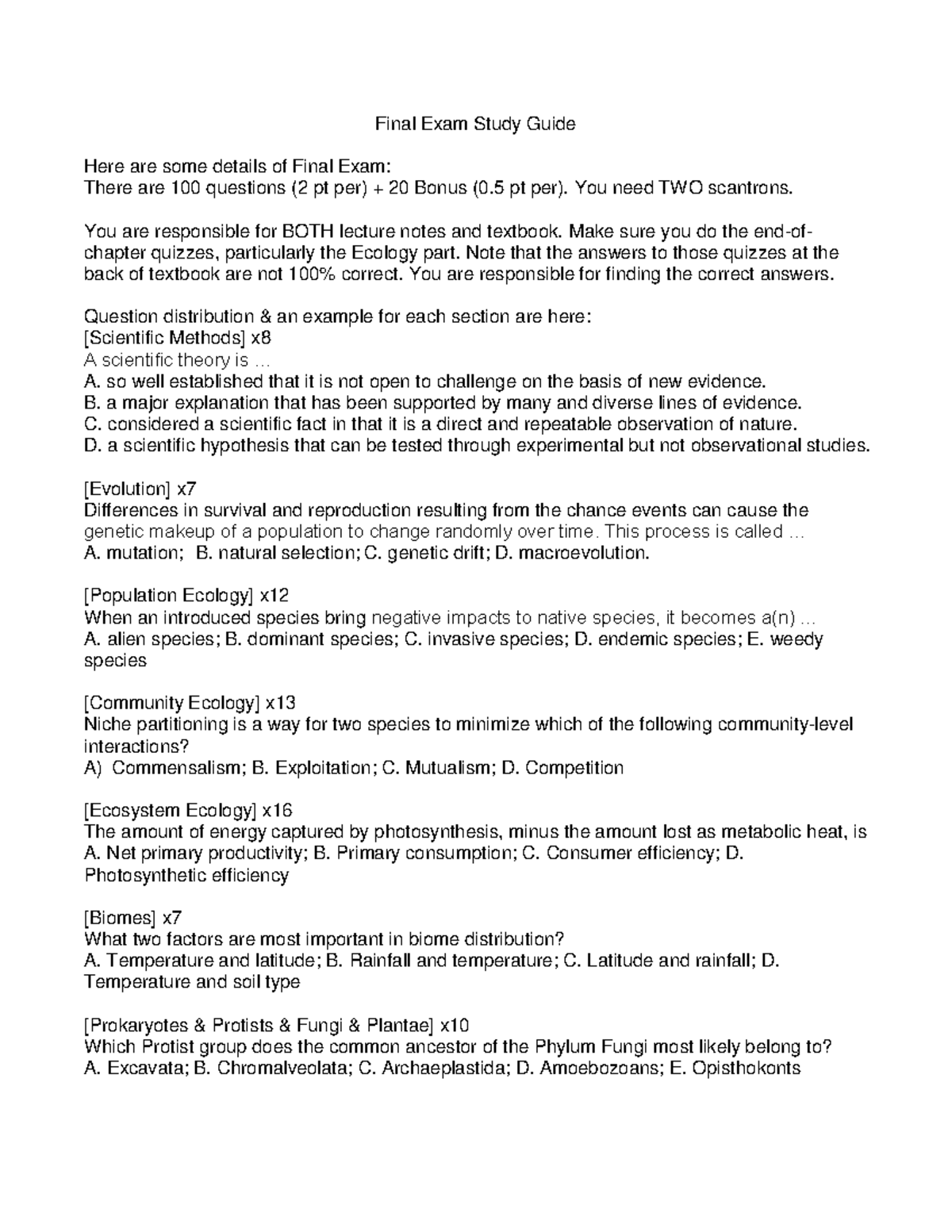 BIO1 Final Exam Study Guide: Key Concepts and Question Insights - Studocu