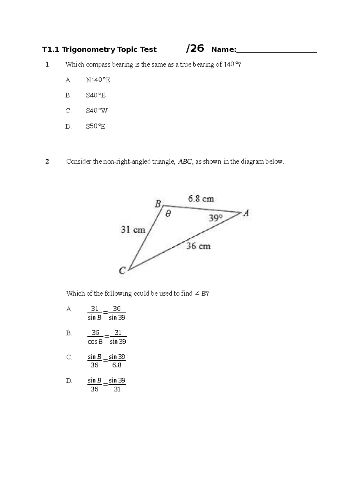 T1.1 Trigonometry Topic Test - Angle Calculations and Bearings - Studocu