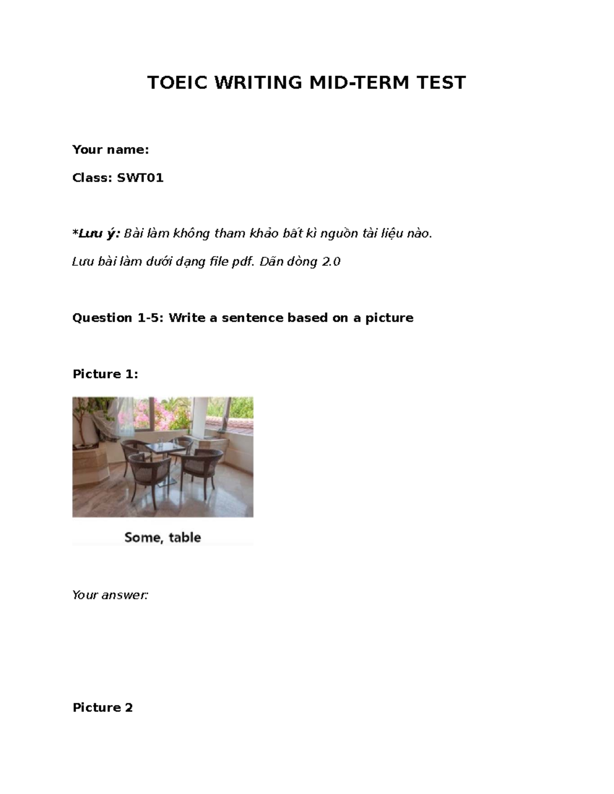 SWT01 Mid-Term Test: TOEIC Writing Practice & Responses - Studocu