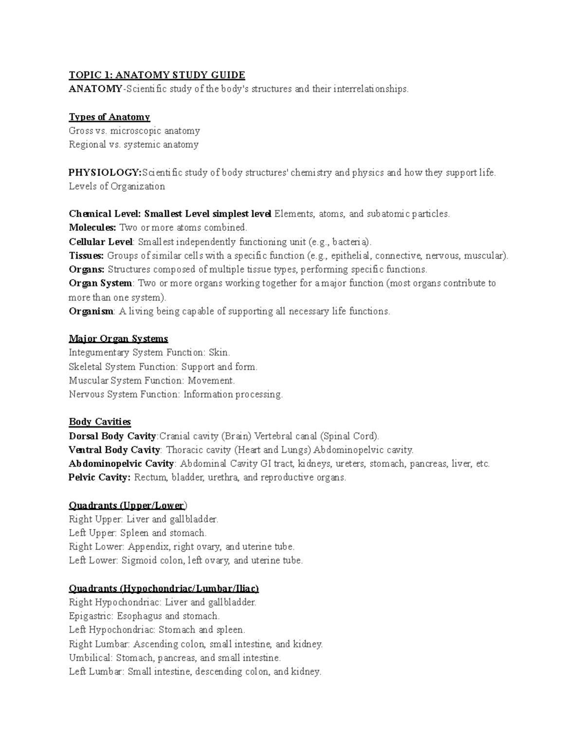 Anatomy Study Guide (Topic 1) – Overview of Body Structures & Systems ...