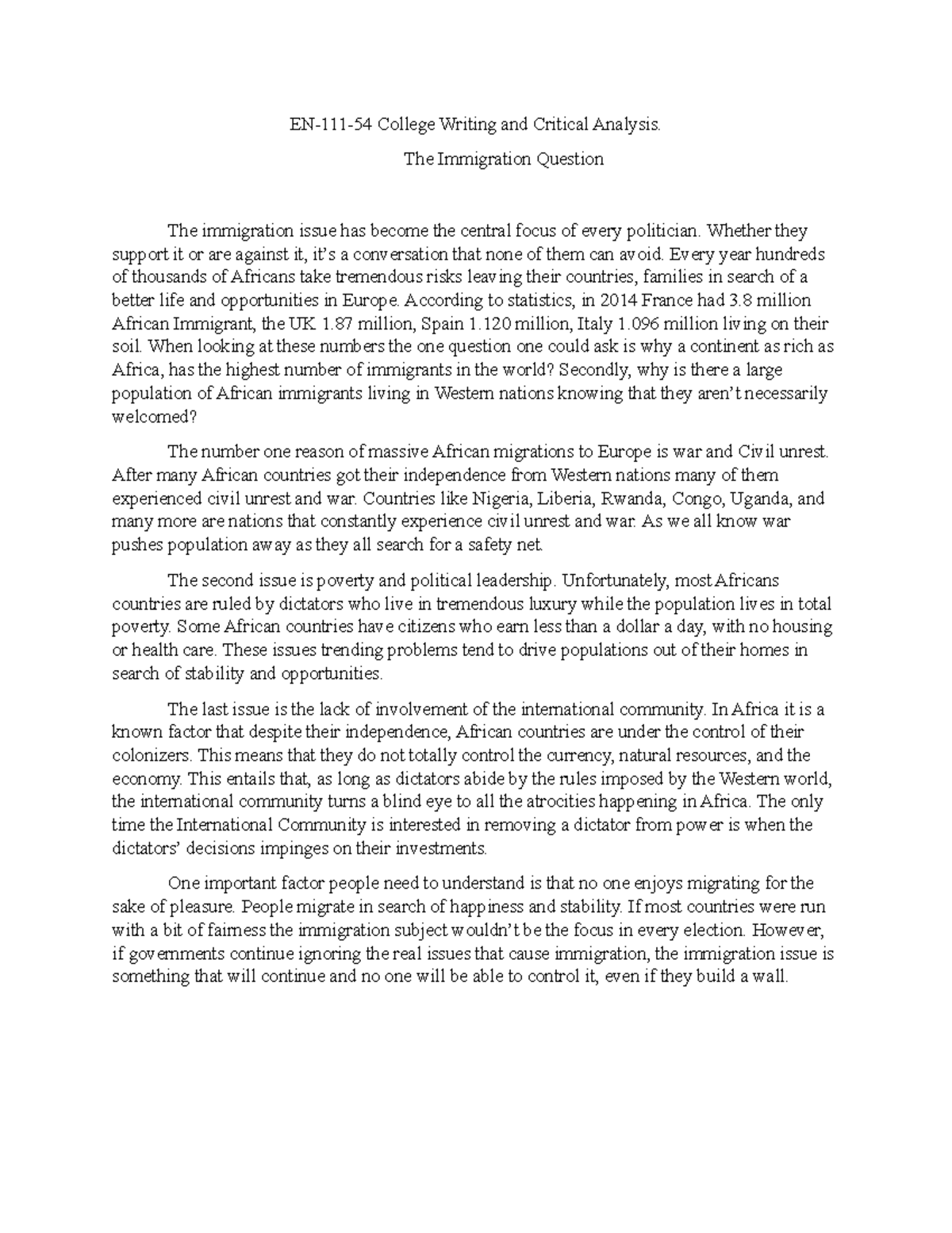 EN-111-54 Critical Analysis: Understanding the Immigration Question ...