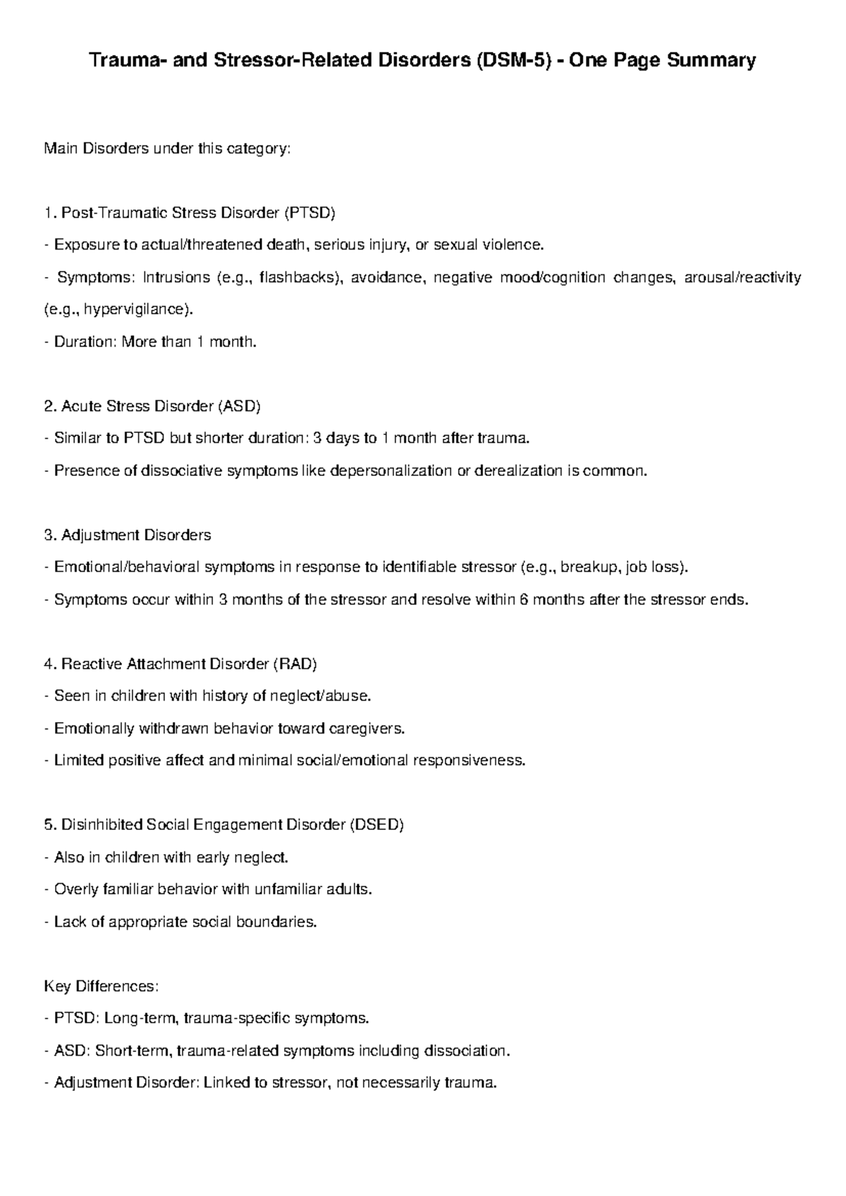 Trauma and Stressor Related Disorders Summary - Trauma- and Stressor ...