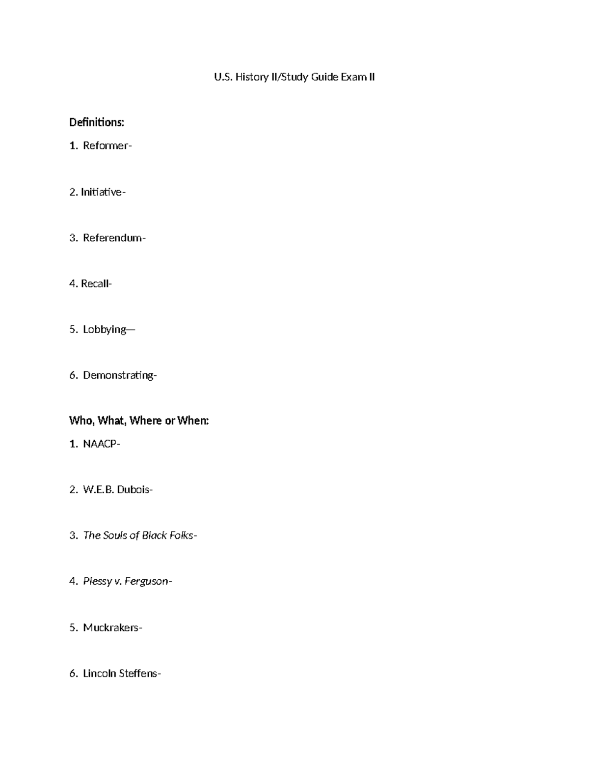U.S. History II Study Guide for Exam II - U. History II/Study Guide ...