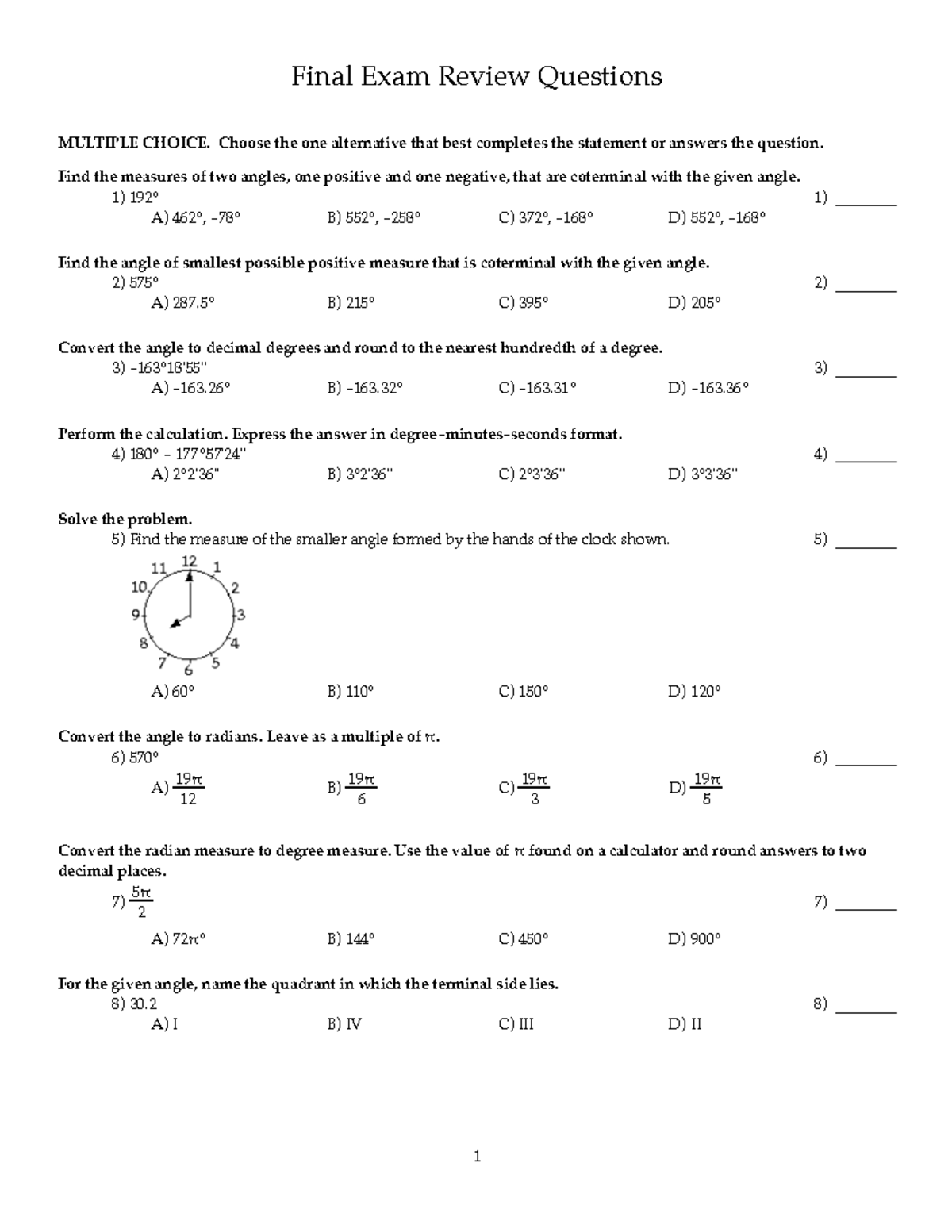 Final Exam Review Questions for Trigonometry - Studocu