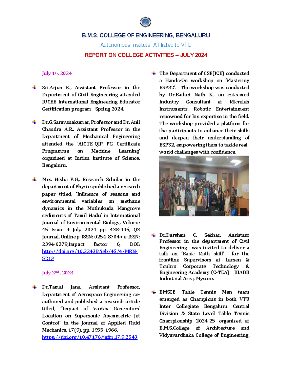 BMSCE Monthly Report on College Activities - July 2024 - Studocu