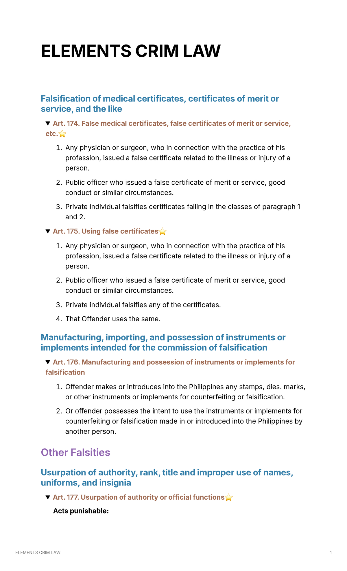 CRIM LAW 101: Elements of Falsification and Fraudulent Acts - Studocu