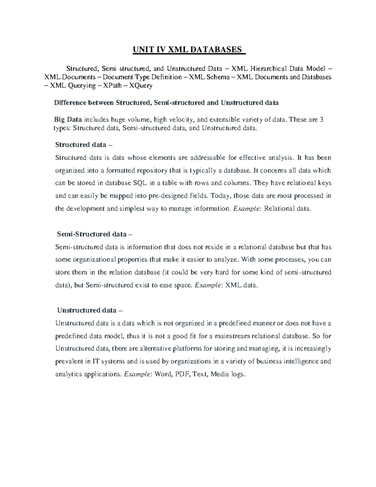 UNIT IV - XML Databases: Structure, Queries, and Differences Explained ...