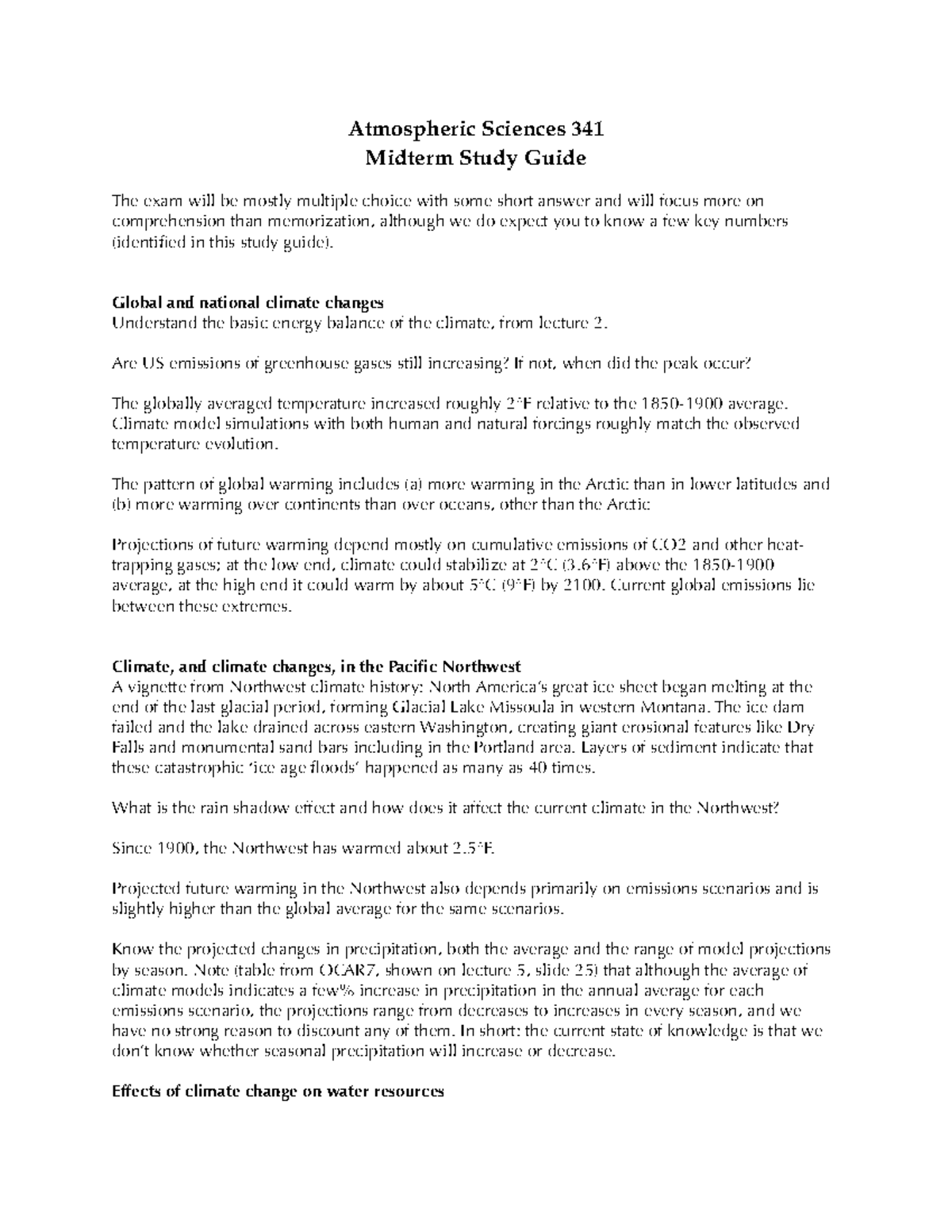 ATS341 Midterm Study Guide: Key Topics on Climate Change Impacts - Studocu