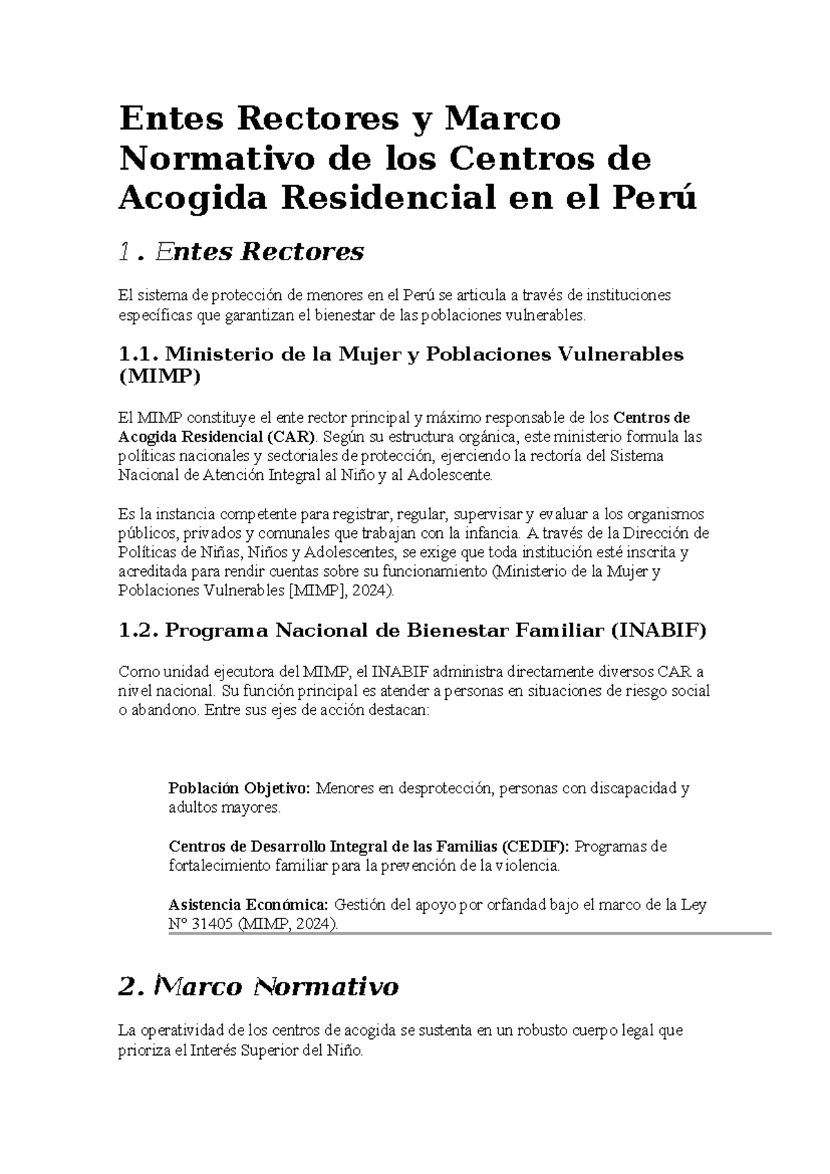 Entes Rectores y Normativa de Centros de Acogida Residencial en Perú ...