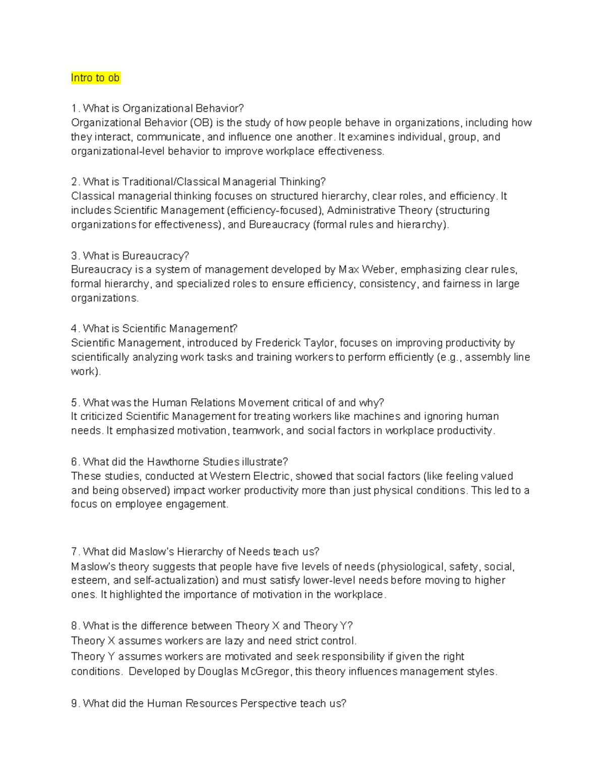 OB 101: Final Exam Review on Organizational Behavior Concepts - Studocu