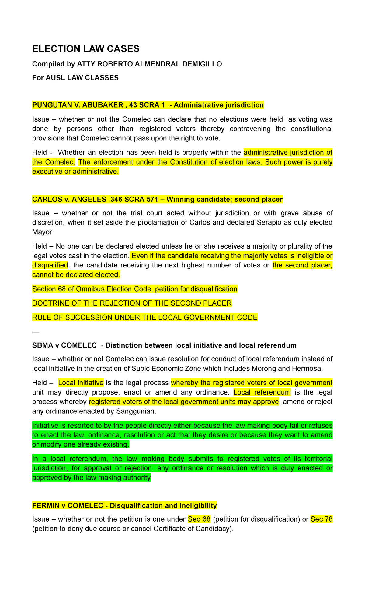 Election LAW Cases: Key Rulings from AUSL Law Classes - Studocu