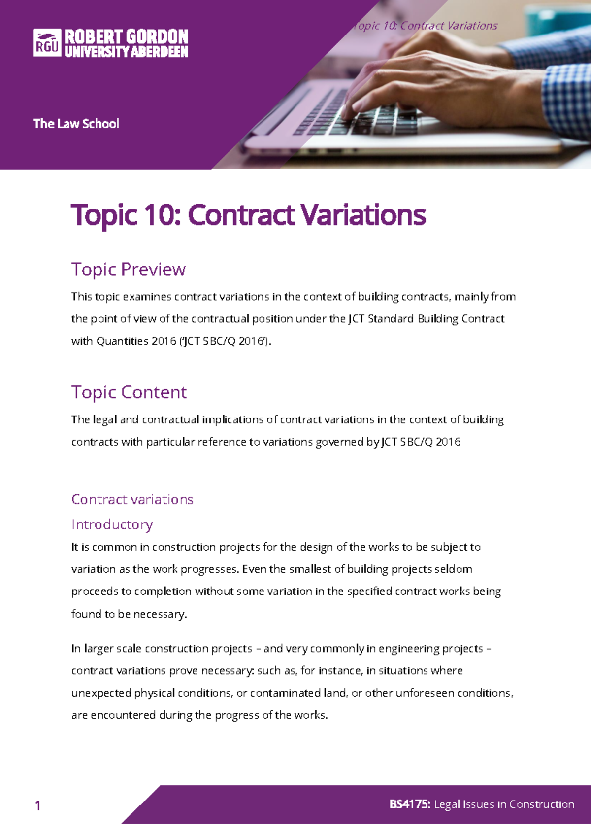 Topic 10: Variations in Building Contracts under JCT SBC/Q 2016 - Studocu