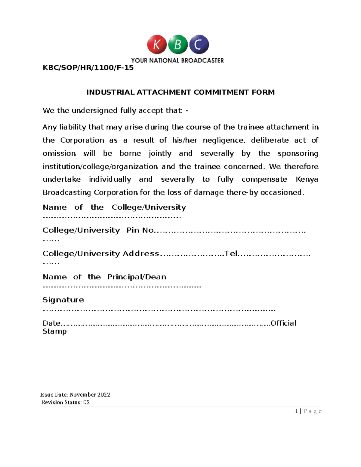 Attachment-Commitment-Form - KBC/SOP/HR/1100/F- INDUSTRIAL ATTACHMENT ...
