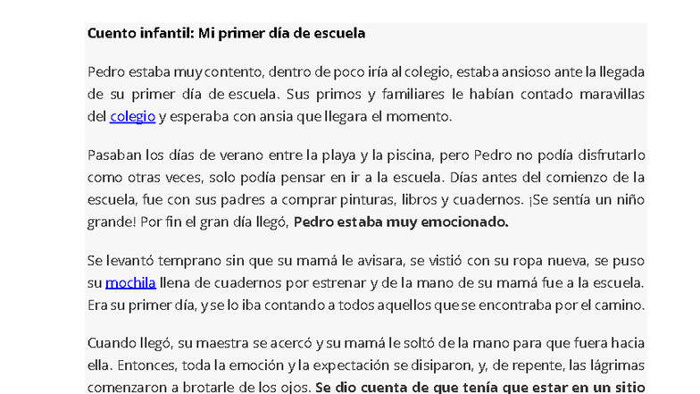 Cuento Infantil: Mi Primer Día de Escuela - Studocu