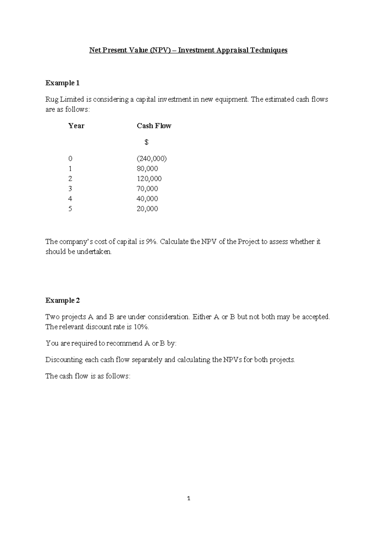 NPV Sample questions - 2023 - Net Present Value (NPV) – Investment ...