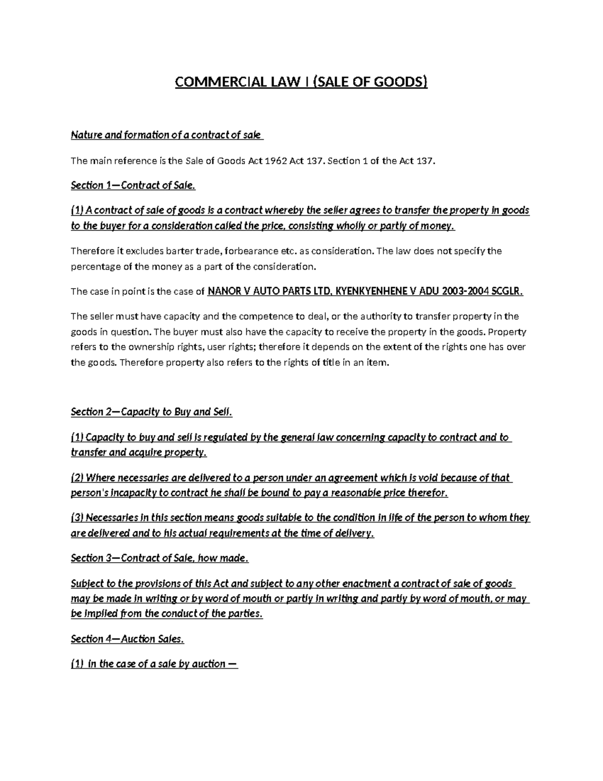 COMMERCIAL LAW I (1ST SEM) Lecture Notes on Sale of Goods - Studocu