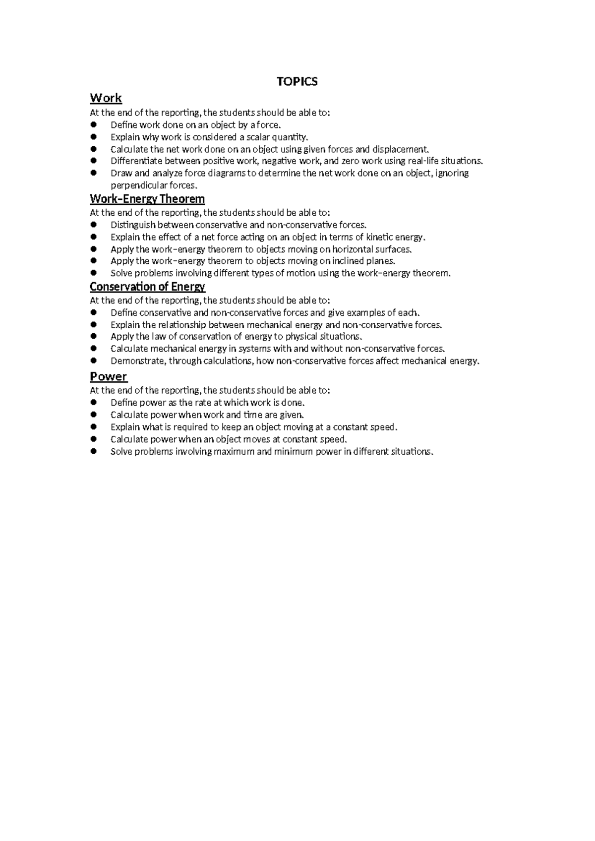 Physics 101: Work, Energy, and Power Topics - Notes - Studocu